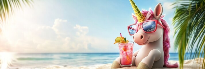 Naklejka premium Playful unicorn enjoys a refreshing beverage on a sunny beach, embodying summer vacation vibes 