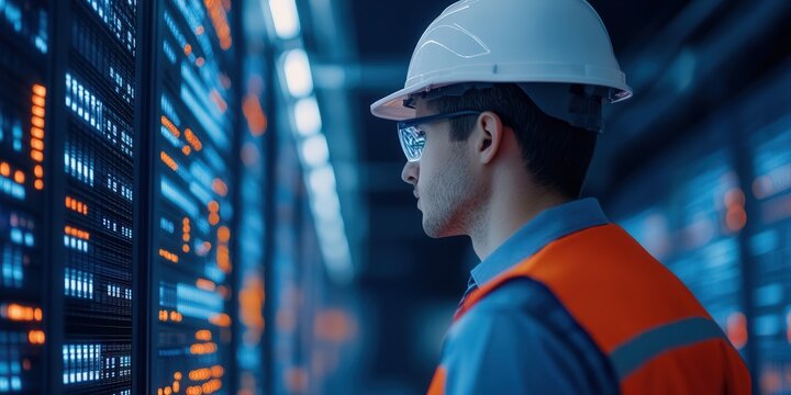 Young hispanic male engineer monitoring data center servers in safety gear
