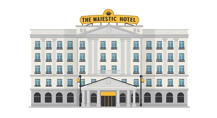 Grand Majestic Hotel Facade Illustration with Elegant Design and Architectural Details