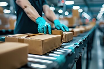 Warehouse worker wearing gloves placing heavy boxes onto conveyor belt for sorting. Efficient logistics process ensuring proper handling, organization, distribution packages in industrial facility.