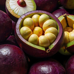 Mangosteen Pile with Opened Fruit
