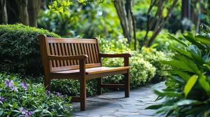 Obraz premium Wooden park bench in lush garden path