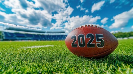 American football on field with 2025 text at stadium