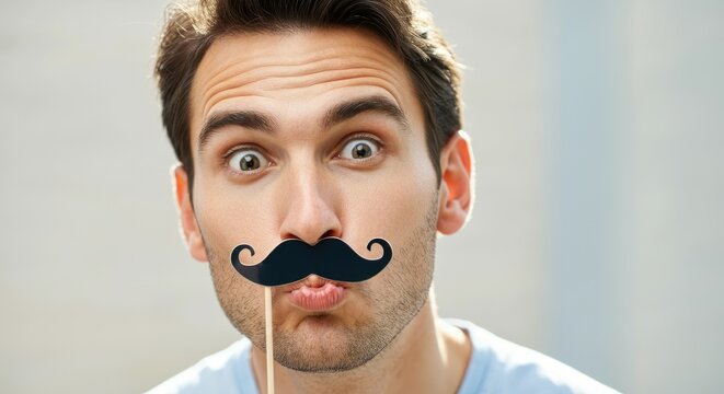 Man holding fake mustache on stick, making funny face