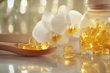 Golden Capsules on Wooden Spoon, Glass Jar, Orchids, Spa-like Background