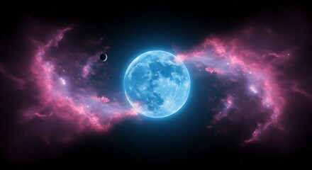 Fototapeta premium A celestial scene, with a glowing blue moon surrounded by soft pink and purple nebulas.