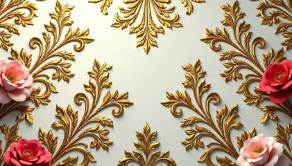Intricate floral damask wallpaper, rich gold accents, seamless, fabric