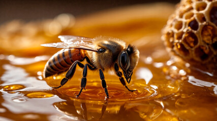 A bee sits on the surface of honey near the honeycombs