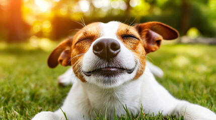 Content dog laying comfortably in the lush green grass enjoying the soft lighting and warm sunshine in a cheerful outdoor environment.