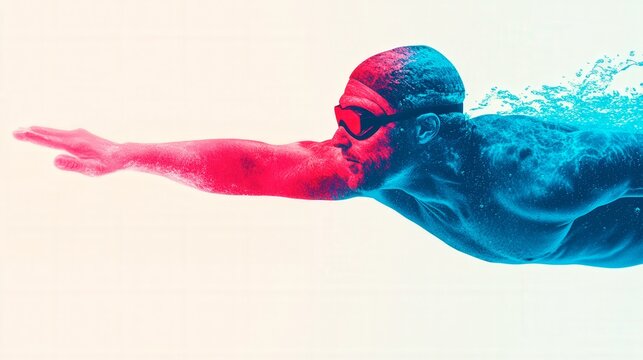 Portrait of a male swimmer: dynamic motion capture in red and blue
