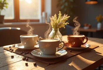 Fototapeta premium beautifully arranged coffee cups rustic wooden table create inviting aesthetic atmosphere, mug, decoration, design, home, kitchen, ceramic, beverage, artisan