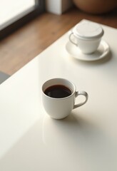Obraz premium minimalist composition featuring empty coffee cup simple table highlighting clean lines subtle shadow play, white, dish, design, contrast, geometric, still