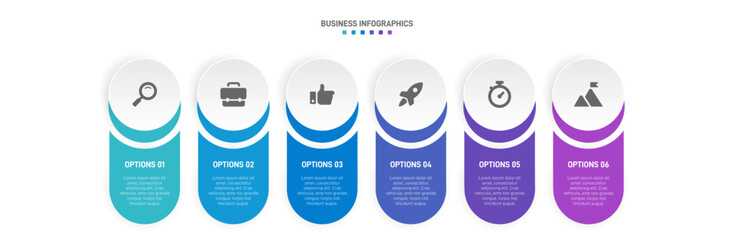Horizontal progress bar featuring 6 arrow-shaped elements, symbolizing the six stages of business strategy and progression. Clean timeline infographic design template. Vector for presentation