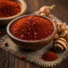 Achiote Seeds in a Wooden Bowl with Powdered Annatto
