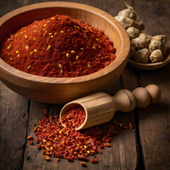 Achiote Seeds in a Wooden Bowl with Powdered Annatto
