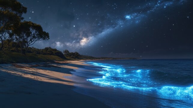 Magical bioluminescent beach at night