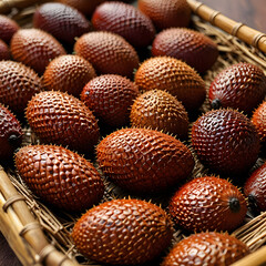 Salak (Snake Fruit) with Scaly Skin on a Woven Bamboo Tray
