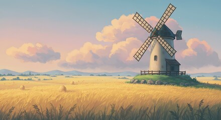 Fototapeta premium Rustic Watercolor Windmill Standing Amidst Golden Wheat Fields Under a Serene Sky.