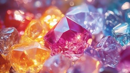 Colorful gemstones pile close-up shot with bokeh effect, showing vibrant hues and sparkling facets.