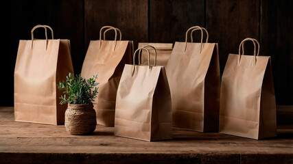 Brown paper bags with green plant on wooden rustic background. Eco packaging concept.
