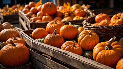 Pumpkins in wooden crates at the autumn open market