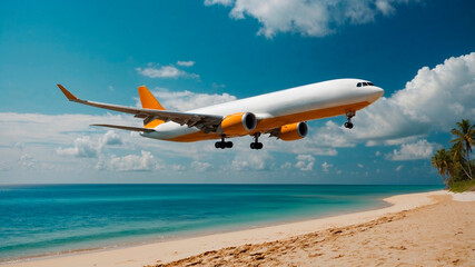 Airplane flying over the tropical beach. Travel and tourism concept.