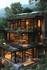 Obraz premium Modern home merges with greenery in the hillside, glass and nature blend