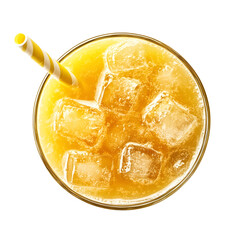 Yellow drink with ice and straw isolated on transparent background