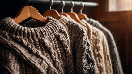Knitted sweaters on hangers in a row in a shop