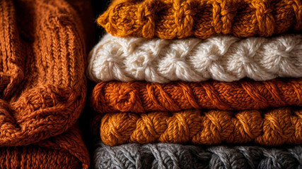 A stack of knitted warm sweaters