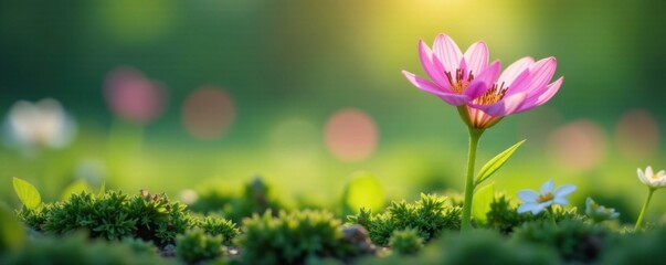 Fototapeta premium Delicate flowers sprout in textured paper field, natural beauty, spring flowers