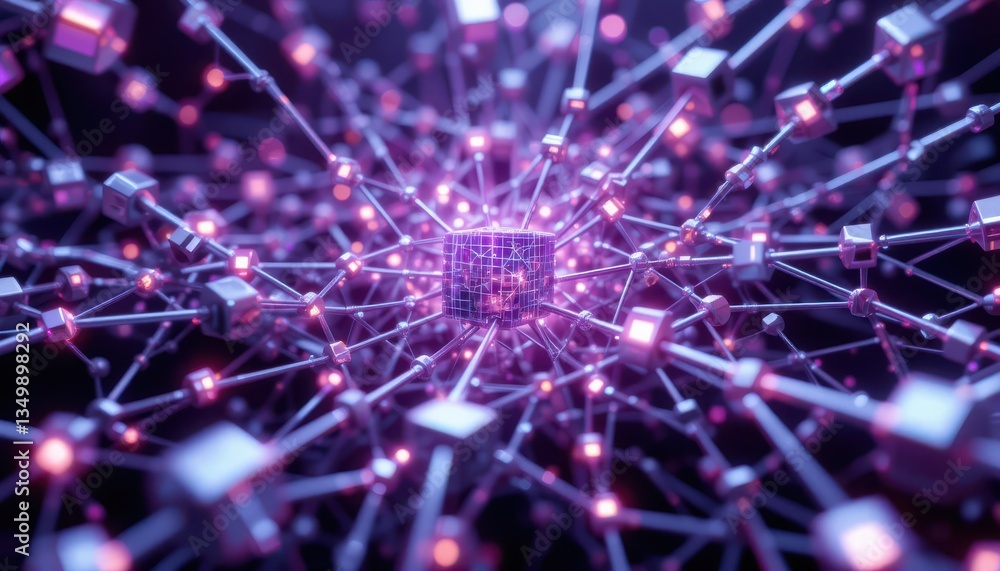 Poster futuristic network visualization glowing purple and silver cubes connected in a complex web