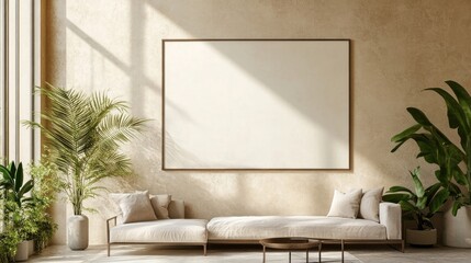 Modern interior with large blank poster on beige wall