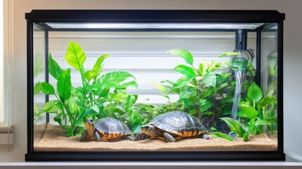 Luxurious bioactive turtle terrarium with lush greenery, a small waterfall, warm lighting, and a beautifully designed land and water section, creating a peaceful and exotic home habitat