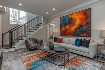 Fototapeta premium Modern Living Room Interior Design with Abstract Art