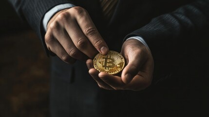 Bitcoin Cryptocurrency Investment, businessman's careful handling of a golden bitcoin reflects the digital currency's value and potential.