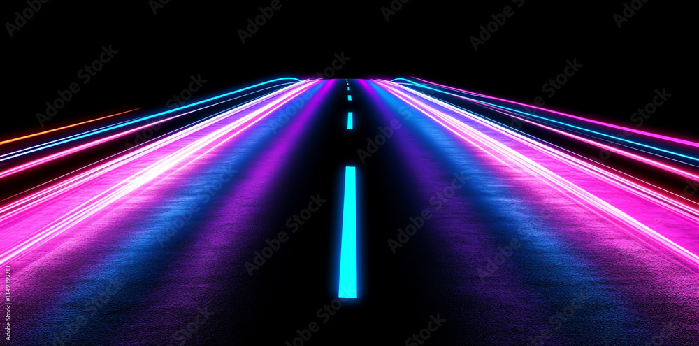 Poster neon lit road with streaks of light showing movement and speed in a futuristic dark setting scene