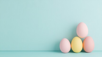 Fototapeta premium Soft Pastel Colored Eggs on a Light Blue Background for Spring Theme