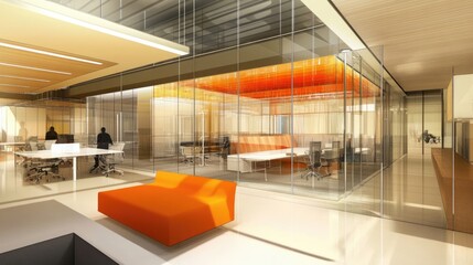 Modern office interior with open workspace and glass-walled meeting room