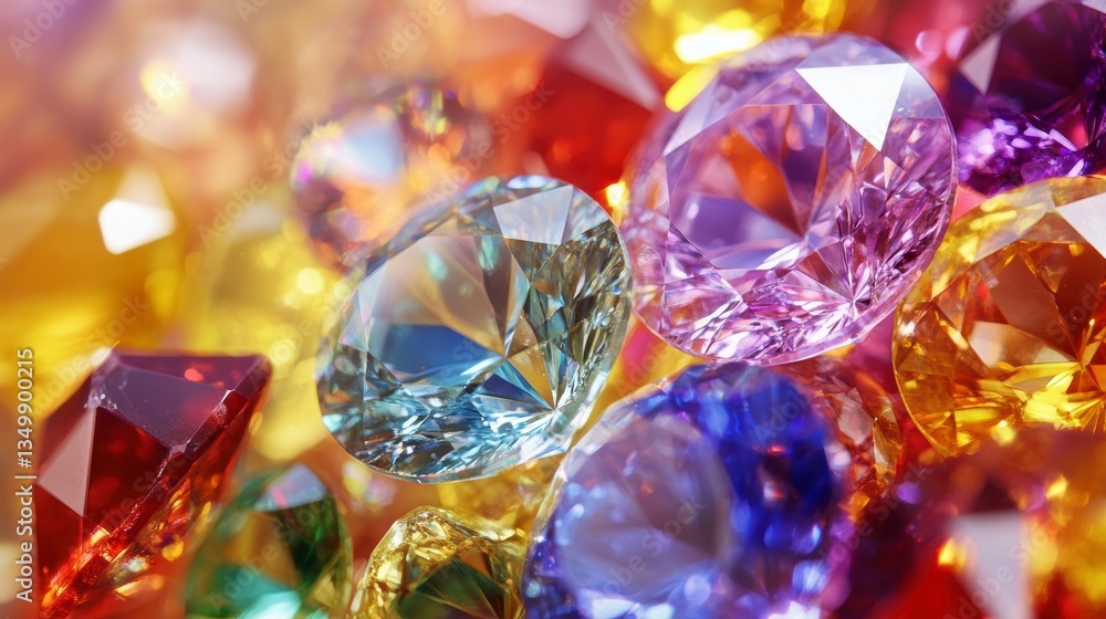 Poster colorful gemstones, close-up view of many precious jewels with vibrant colors and sparkling facets.