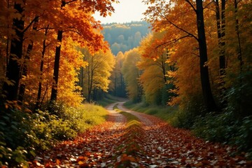 Obraz premium Dense foliage of deciduous trees with golden hues, tree canopy, leafy landscape