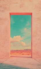 Open Doorway to Dreamy Landscape with Vibrant Sky and Clouds