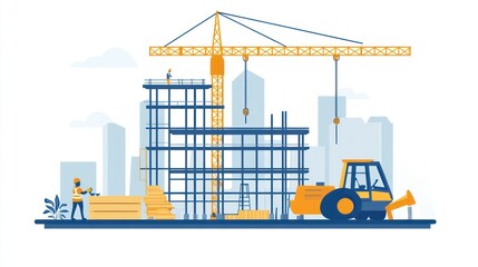 Construction site illustration, crane, workers, building