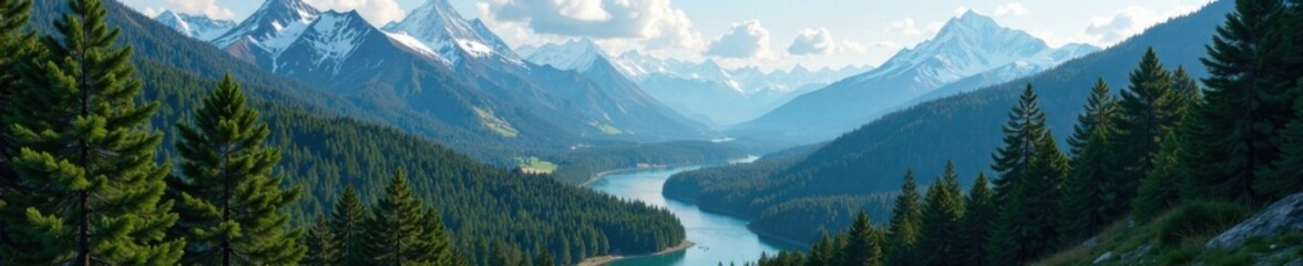 Dense forest landscape with winding rivers and snow-capped mountains in North America, mountain range, wilderness
