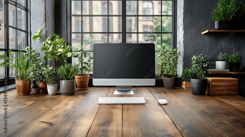 Poster invigorating workspace featuring modern computer setup amidst natural plants