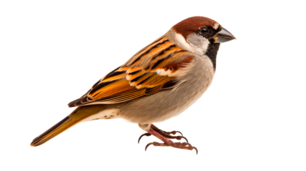 Portrait of a little cute bird sparrow isolated on white or transparent background png.
