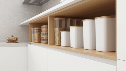 A modern kitchen shelf neatly arranged with transparent containers of grains and legumes, a glass jar with nuts on the counter. Bright, organized, and efficient storage design