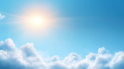 Bright sun shining brightly in a clear blue sky with fluffy white clouds