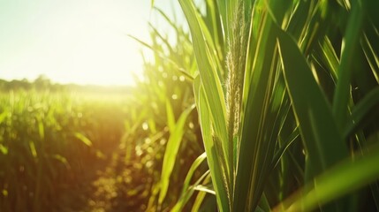 Fototapeta premium Golden Hour in the Sugarcane Field: A Lush Green Panorama