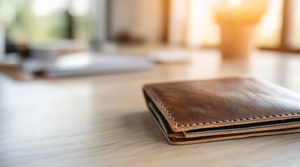 Brown leather wallet on light wooden desk, close-up